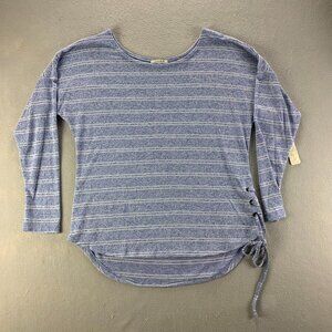 Pullover Sweater Womens Extra Large Blue Stretch Thin Striped Shirt Side Tie